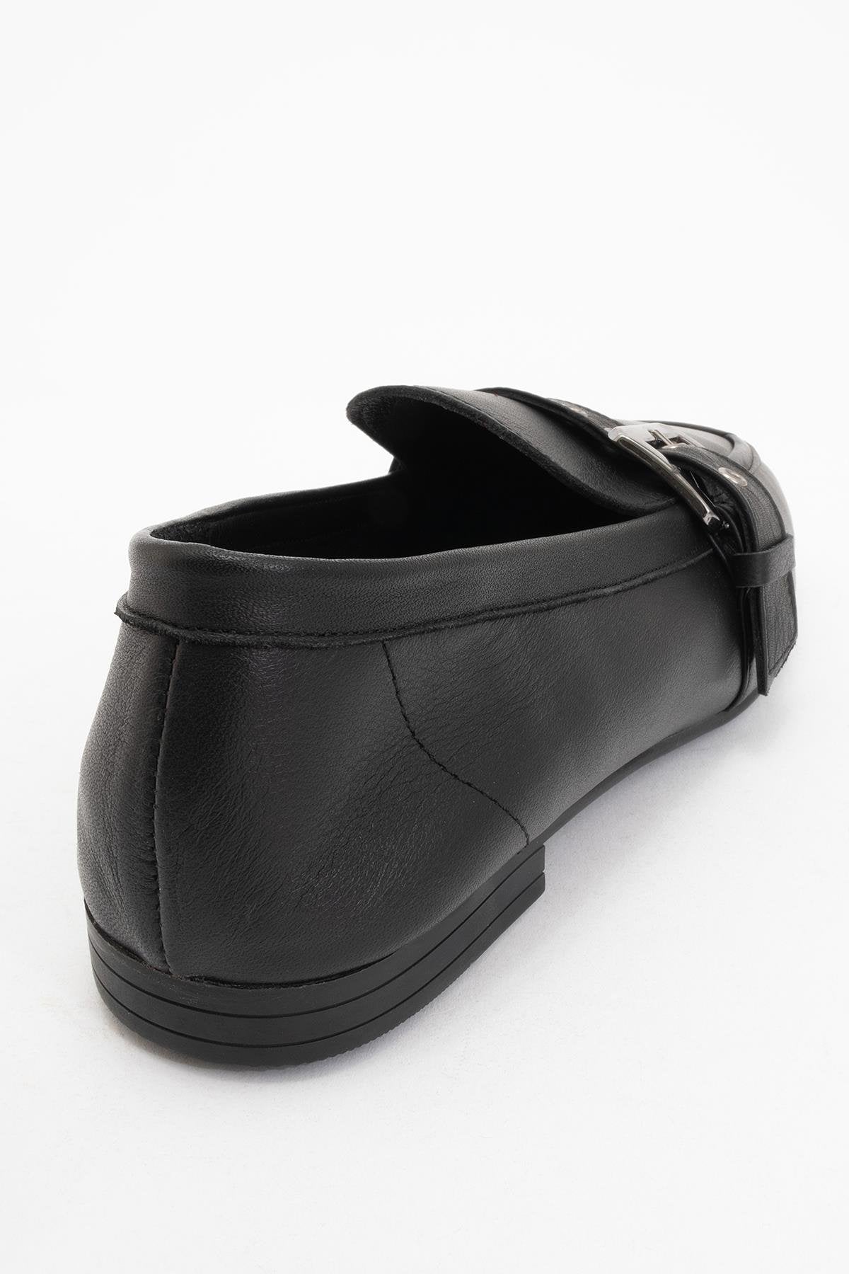 Clarion - Black Leather Loafers – heel view showing leather, black, red, Vowalisse