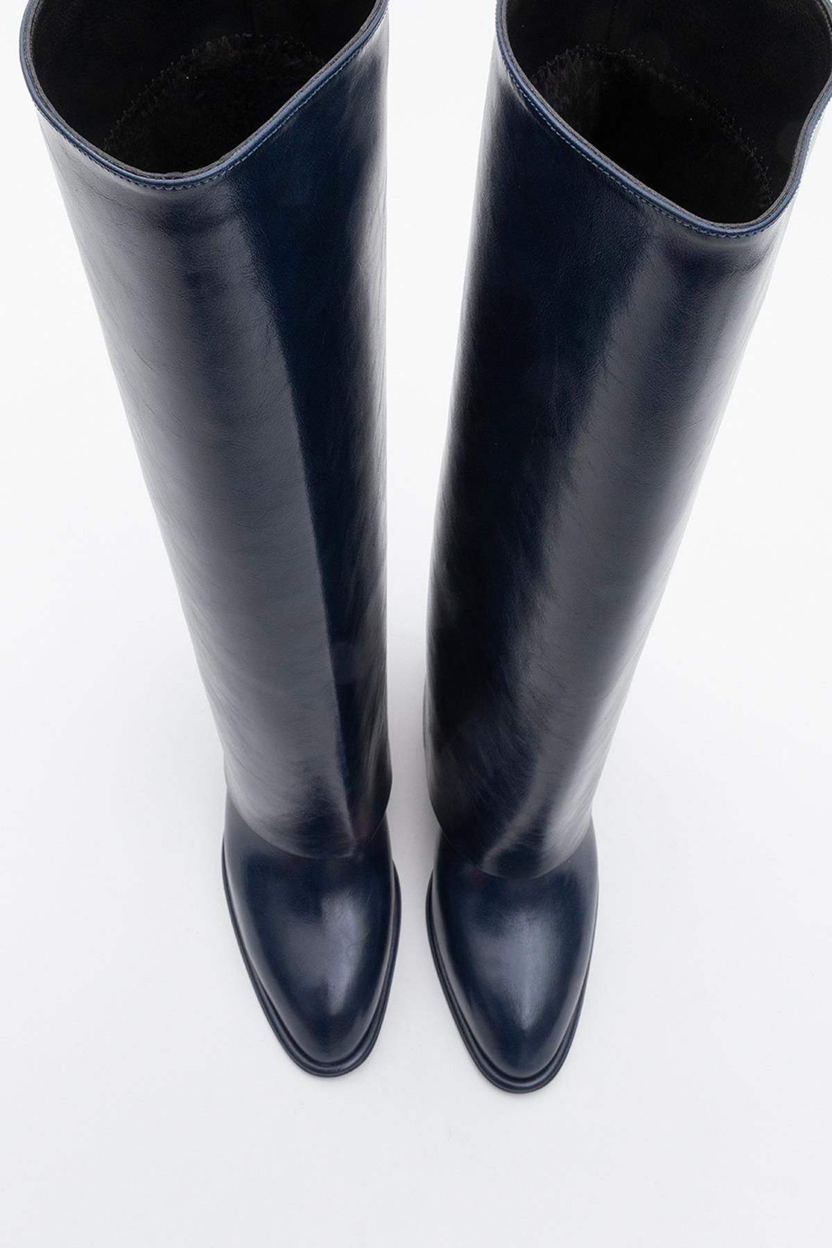 Maybe Navy Chunky Heel Boot – side view showing leather, red, Vowalisse