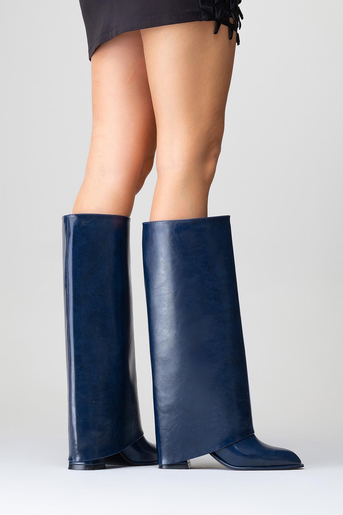 Maybe Navy Chunky Heel Boot – sole view showing leather, red, Vowalisse