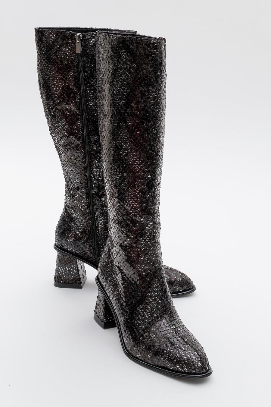 Elly Black Pattern Block Heel Boot