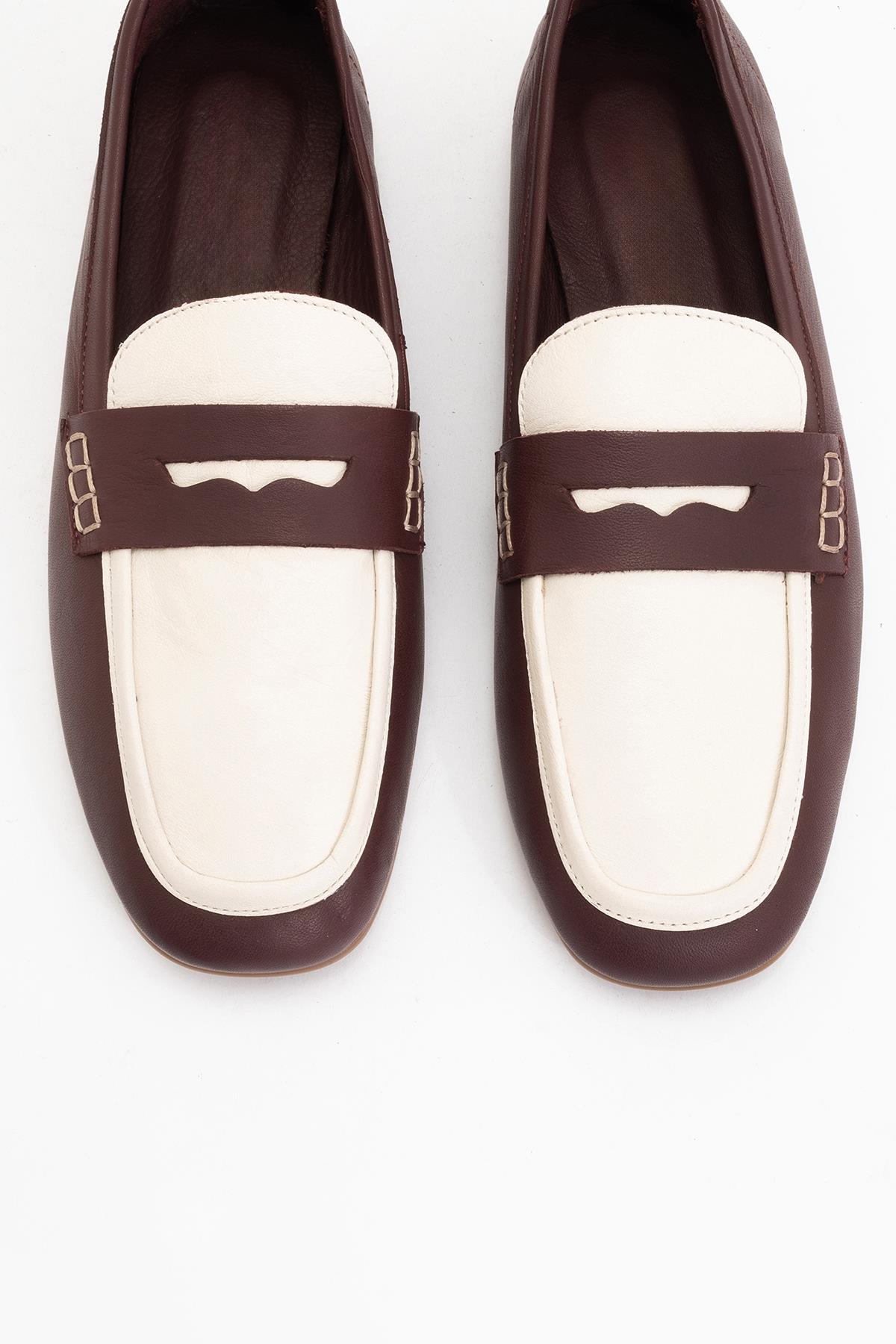 Skye - Brown White Leather Loafers – side view showing leather, white, red, Vowalisse