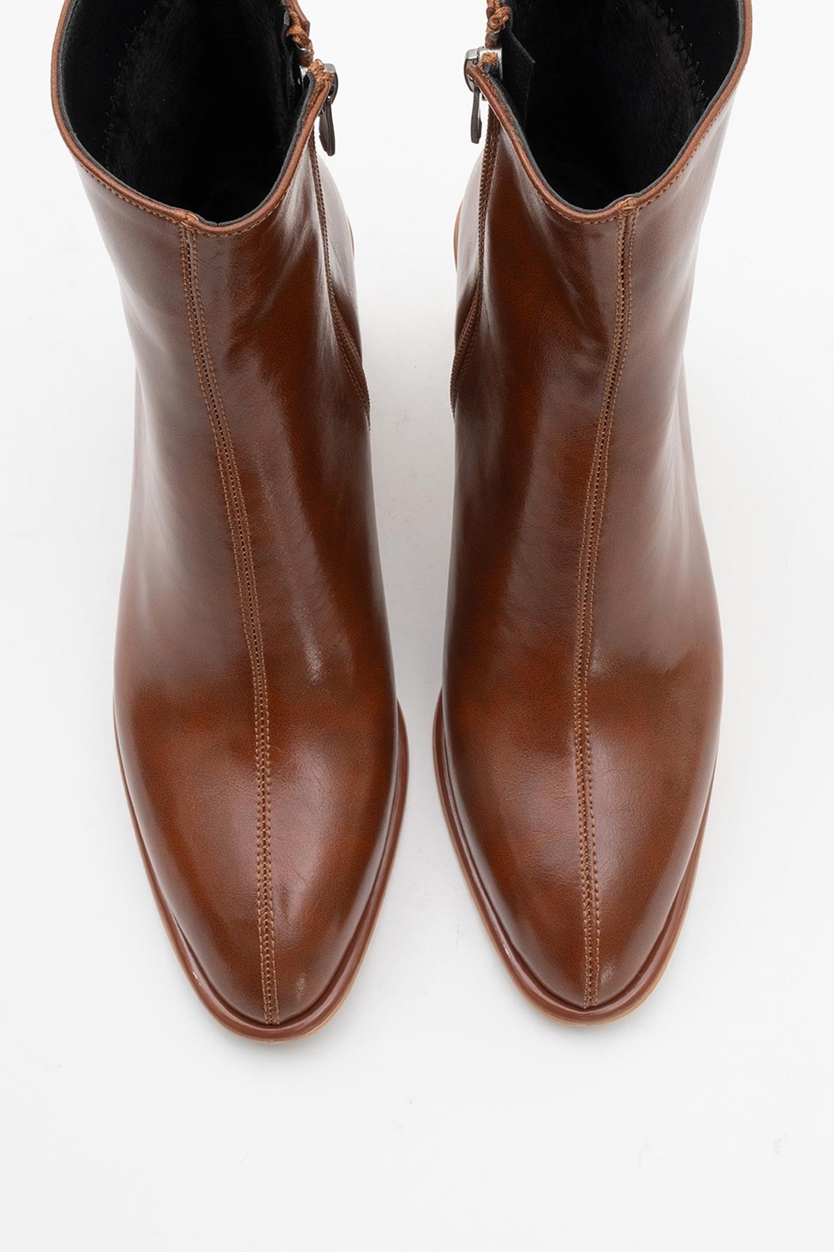 Alba Cognac Brown Block Heel Boot – side view showing leather, Vowalisse