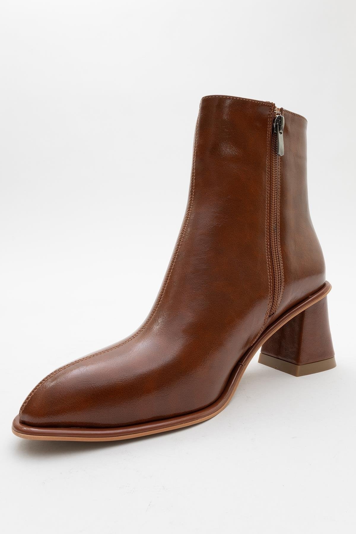 Alba Cognac Brown Block Heel Boot – detail view showing leather, Vowalisse
