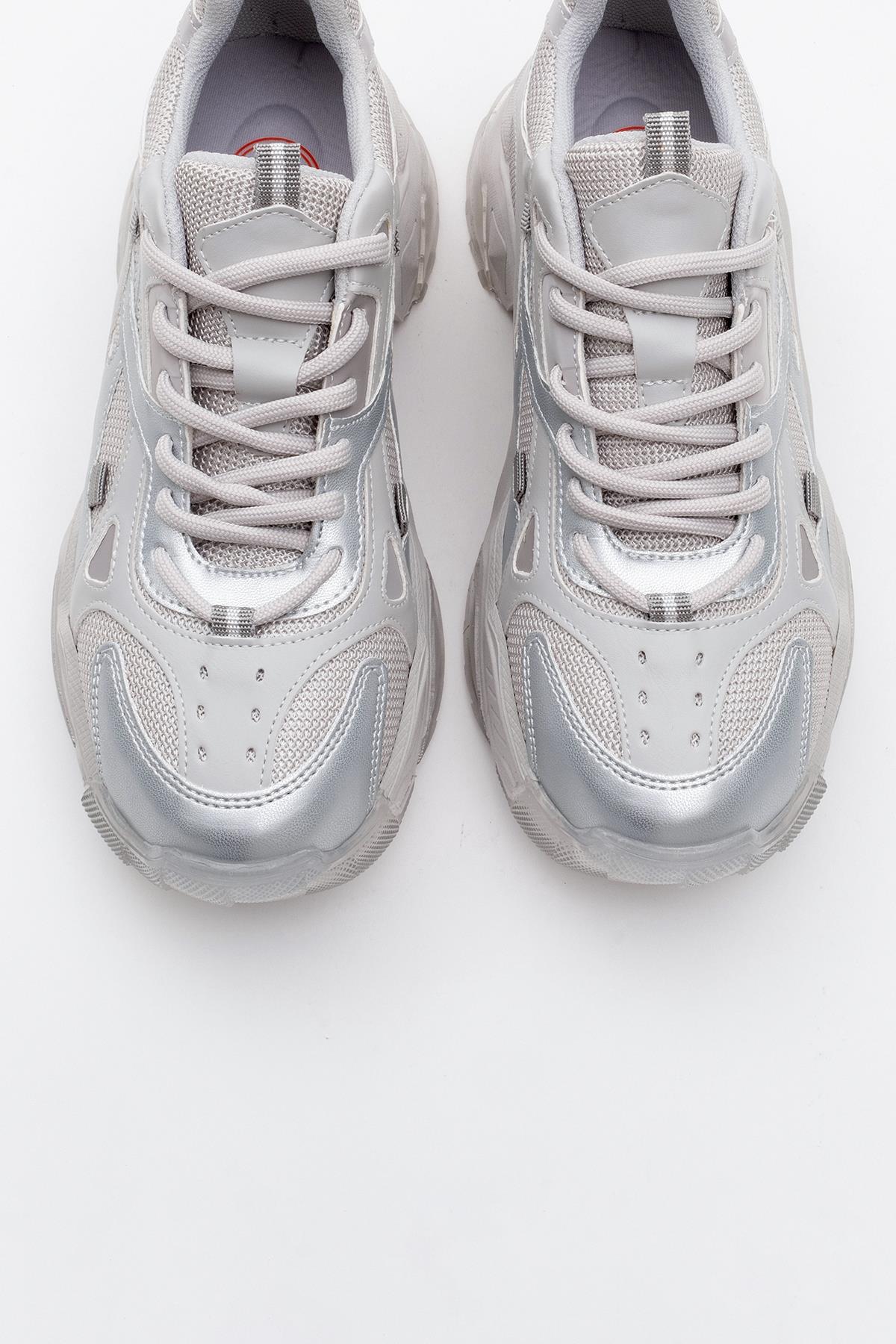 Loretta - Silver Gray Sneaker – side view showing leather, silver, Vowalisse
