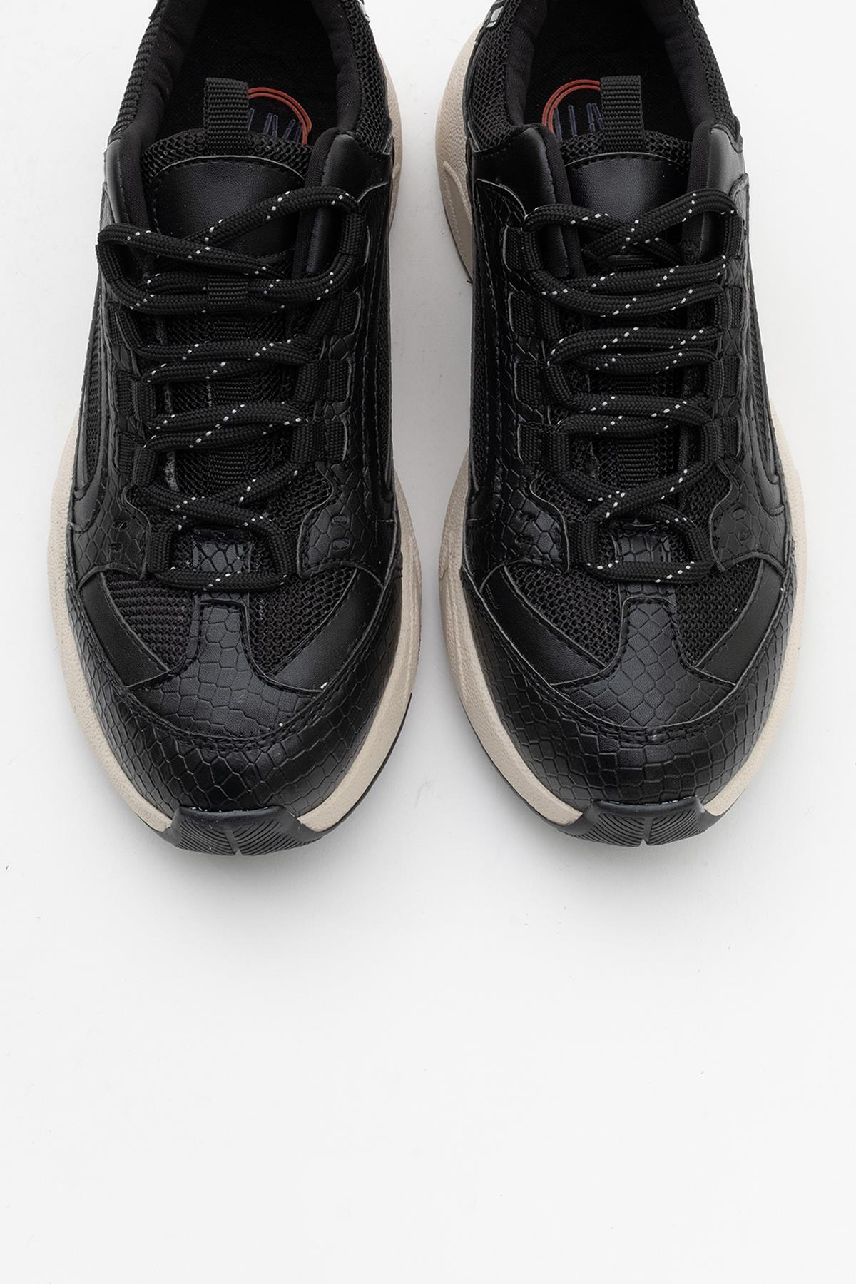 Bambi - Black Printed Mesh Sneakers – side view showing leather, mesh, black, Vowalisse