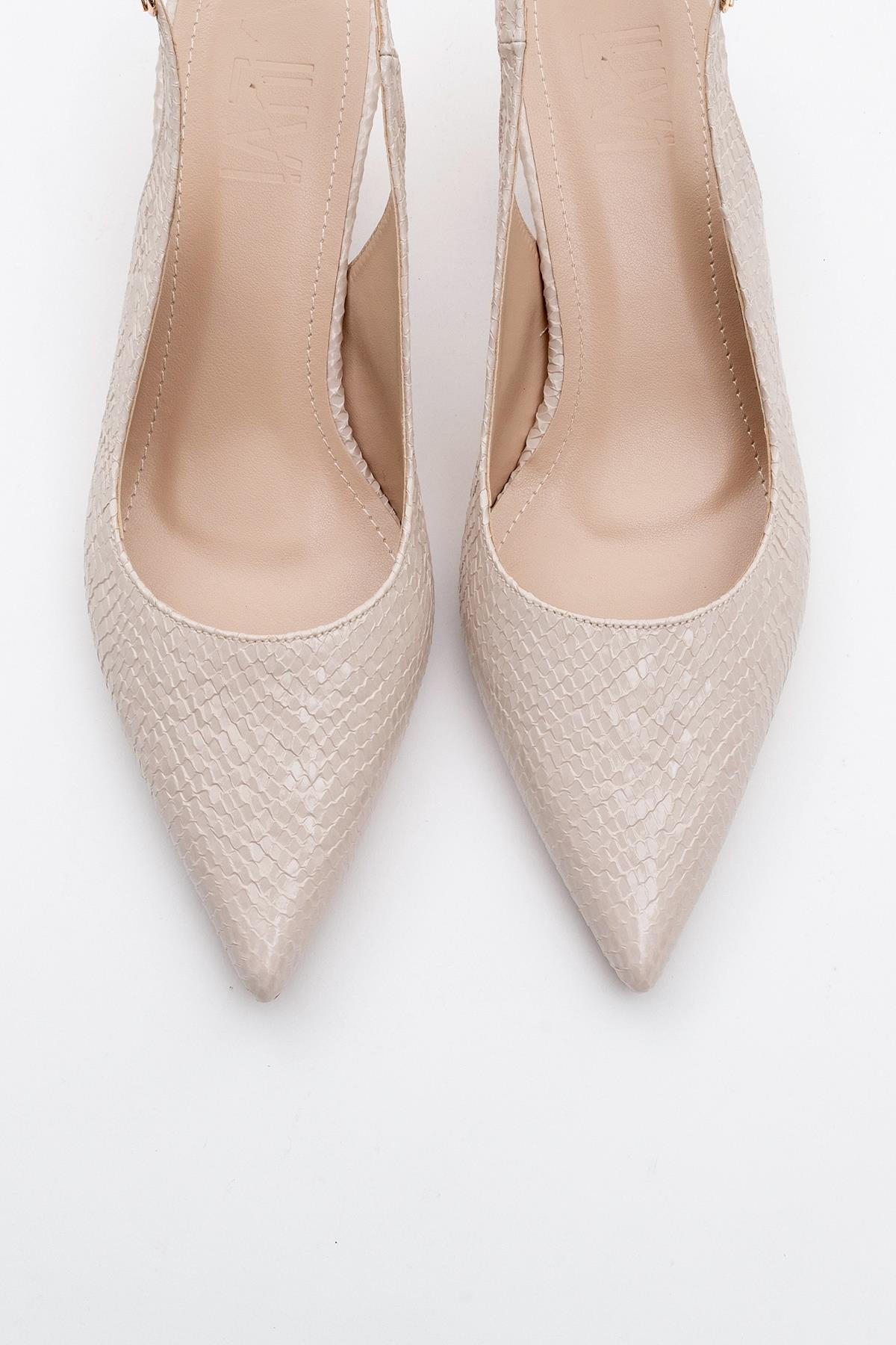 Value - Beige Patterned Heeled Shoe – side view showing leather, Vowalisse