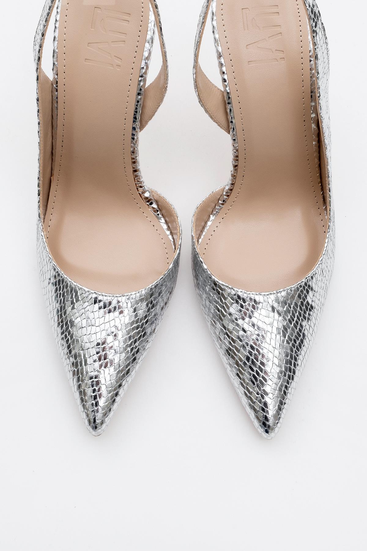 Twine - Silver Patterned High Heel – side view showing leather, silver, Vowalisse