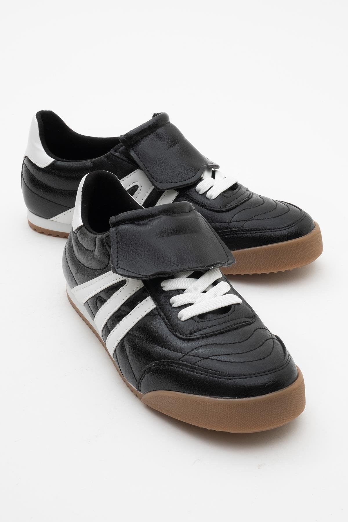 Bria - Black Sneaker – front three-quarter view showing leather, black, red, Vowalisse