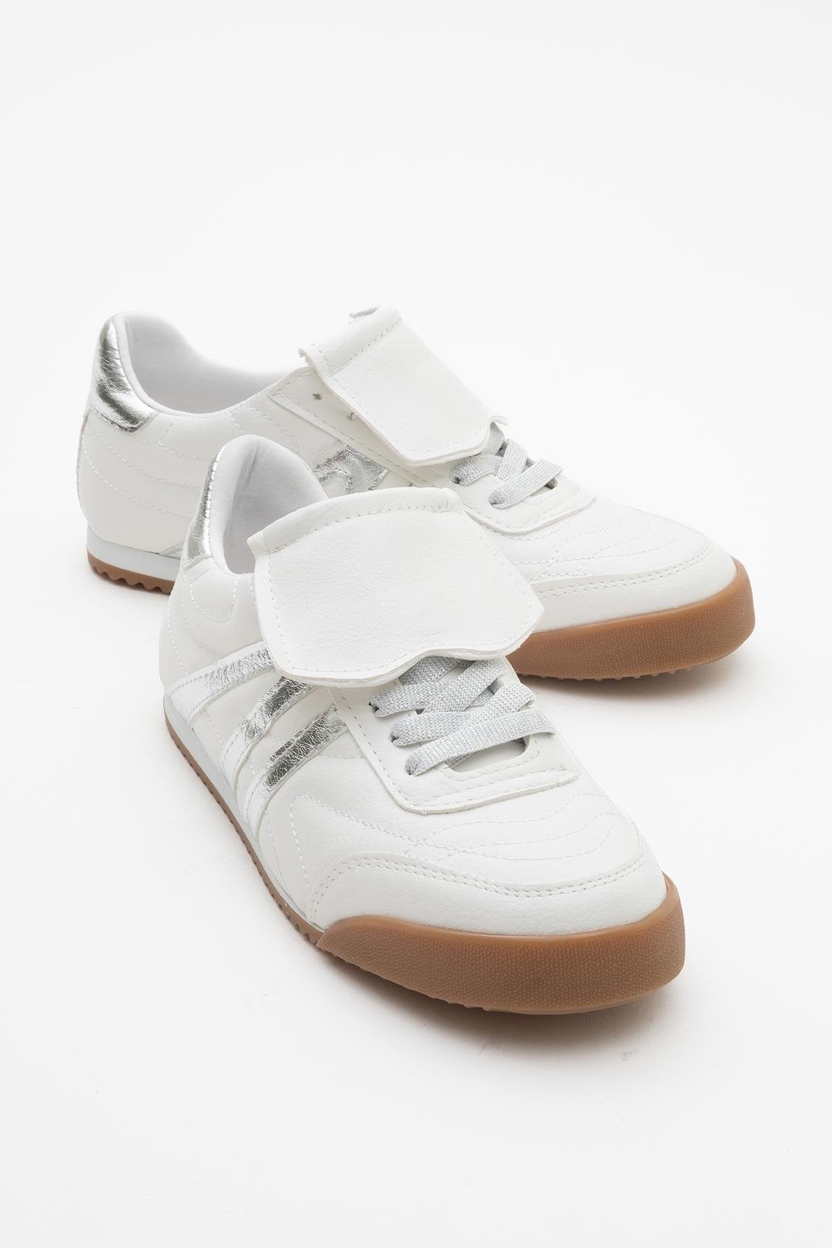 Bria - White Sneaker – front three-quarter view showing leather, white, red, Vowalisse