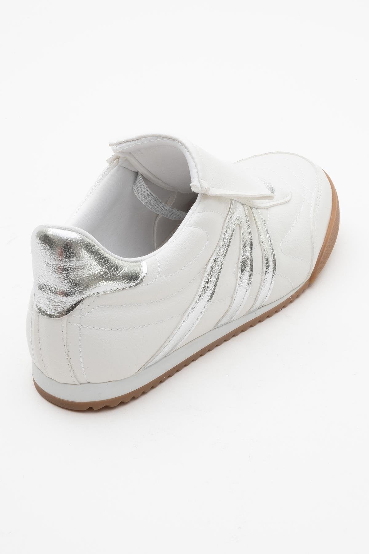 Bria - White Sneaker – heel view showing leather, white, red, Vowalisse
