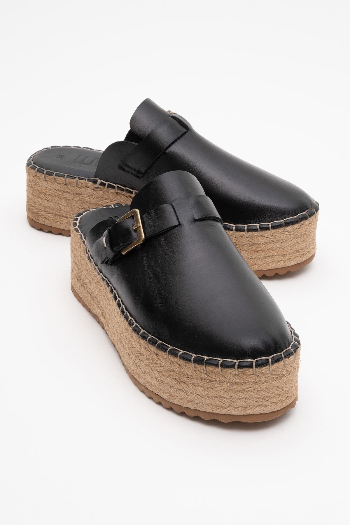 Novas - Black Leather Platform Espadrille Mule – front three-quarter view showing leather, black, red, Vowalisse
