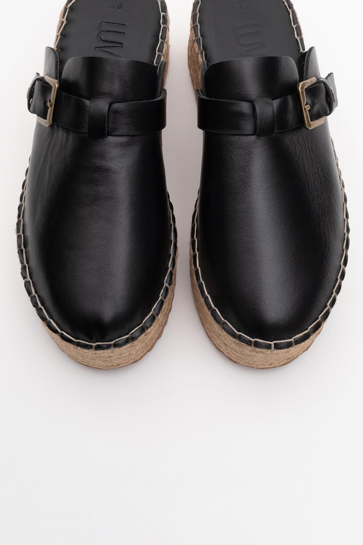 Novas - Black Leather Platform Espadrille Mule – side view showing leather, black, red, Vowalisse