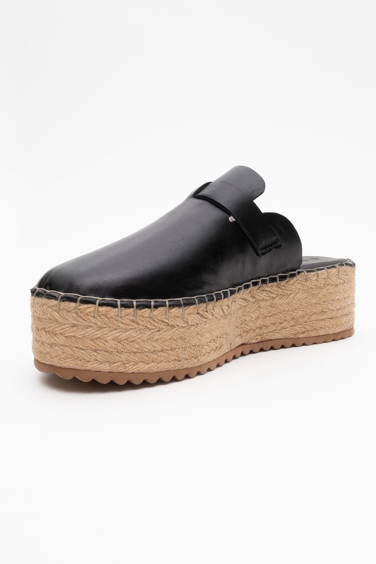 Novas - Black Leather Platform Espadrille Mule – detail view showing leather, black, red, Vowalisse