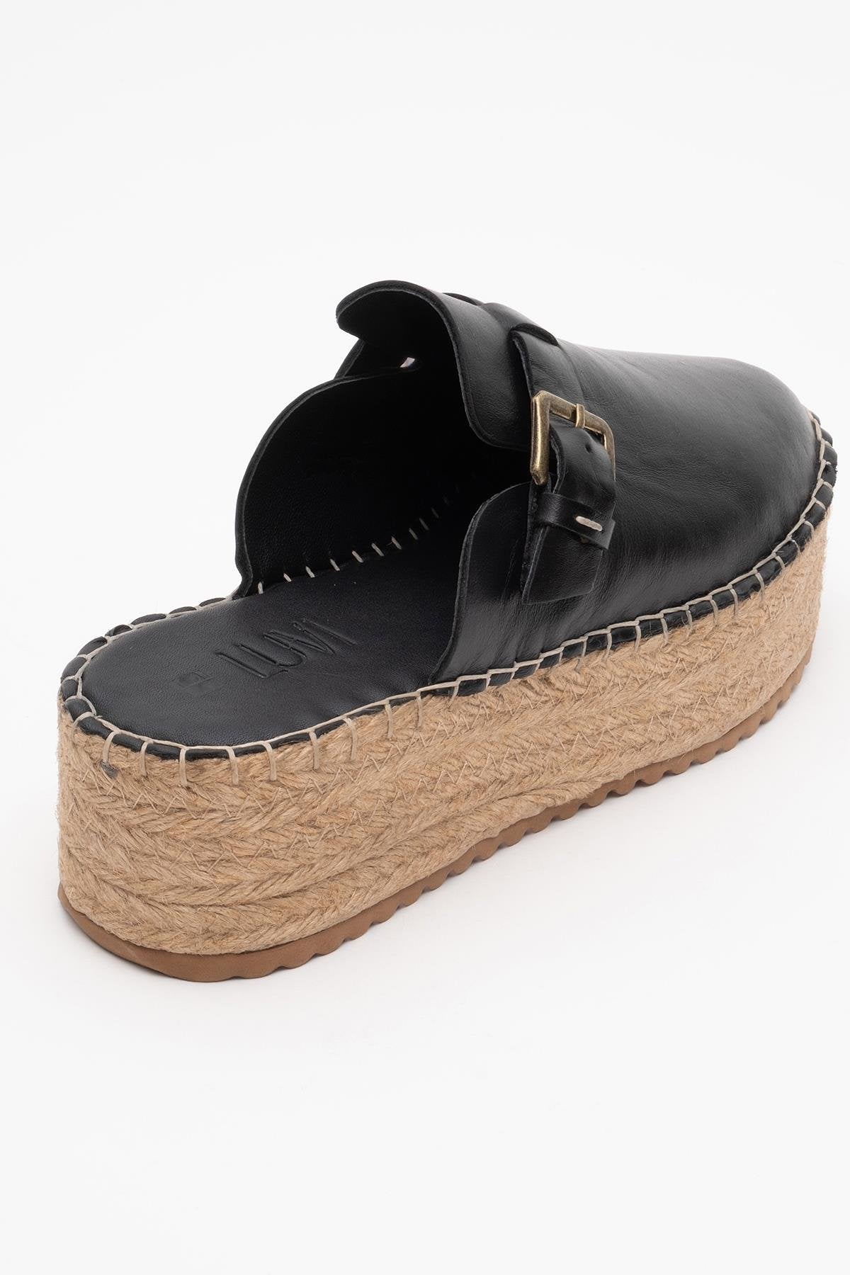 Novas - Black Leather Platform Espadrille Mule – heel view showing leather, black, red, Vowalisse