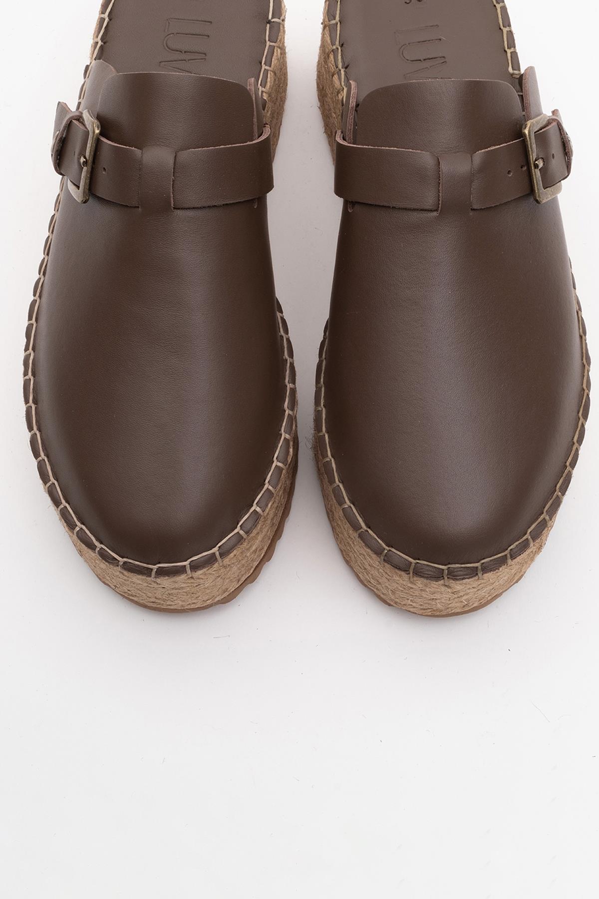Novas - Brown Leather Platform Espadrille Mule – side view showing leather, red, Vowalisse