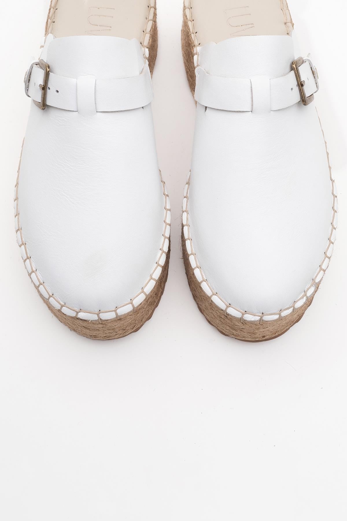 Novas - White Leather Platform Espadrille Mule – side view showing leather, white, red, Vowalisse