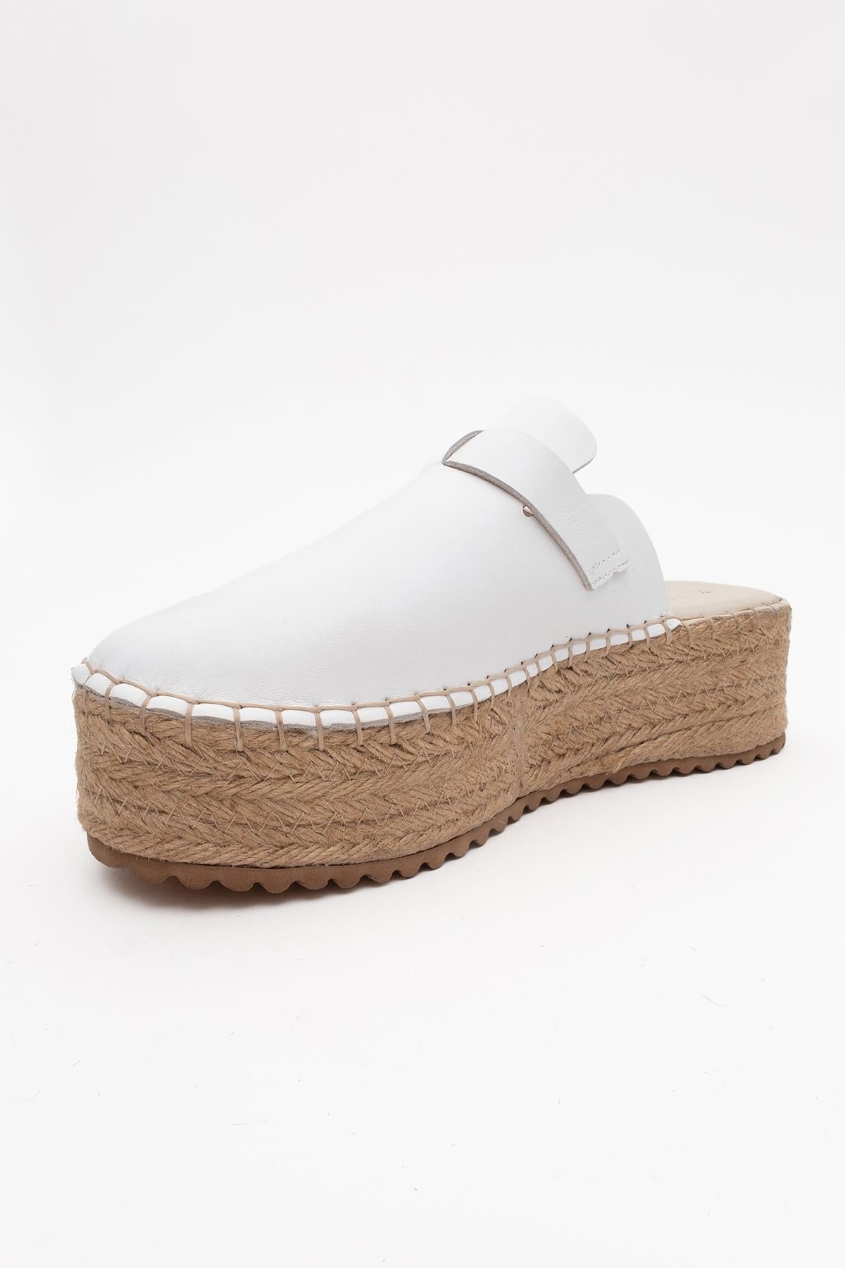 Novas - White Leather Platform Espadrille Mule – detail view showing leather, white, red, Vowalisse