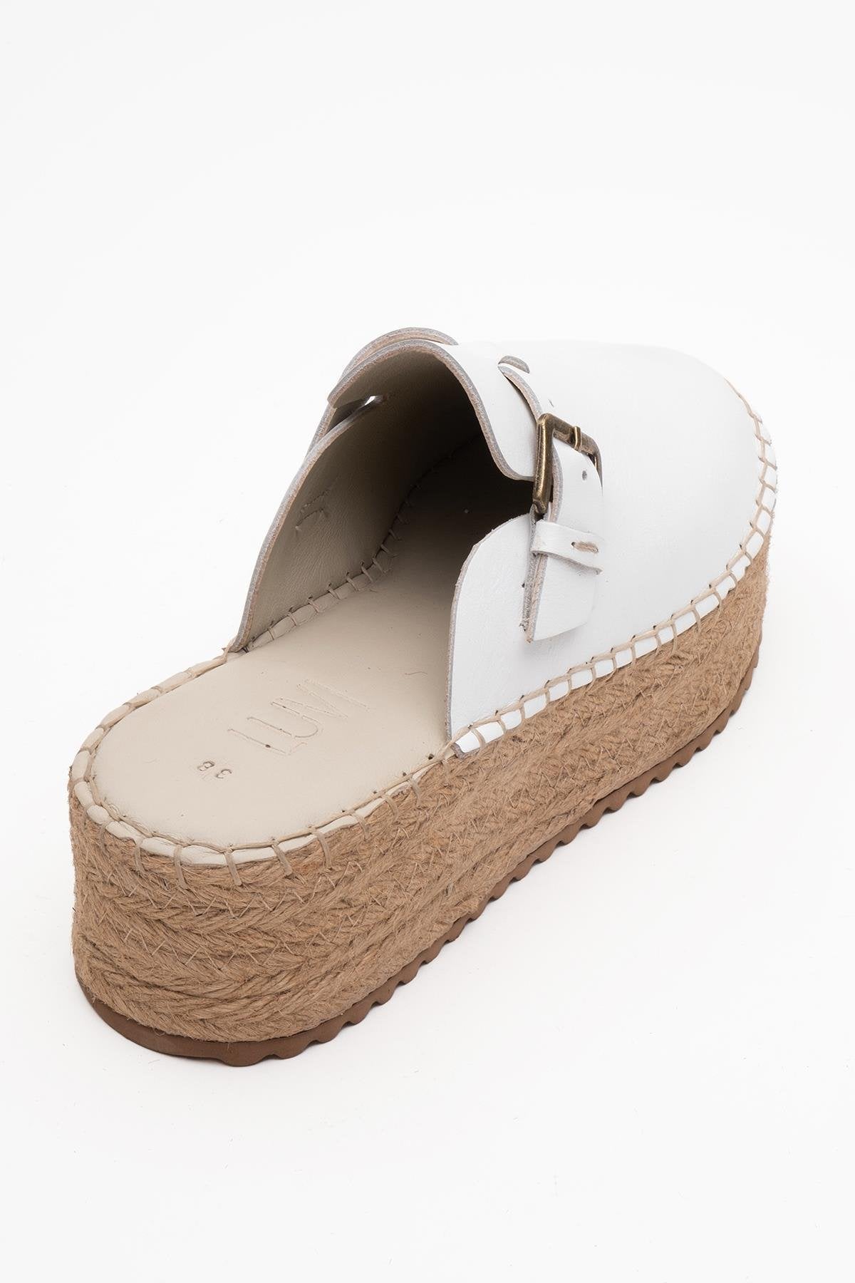 Novas - White Leather Platform Espadrille Mule – heel view showing leather, white, red, Vowalisse