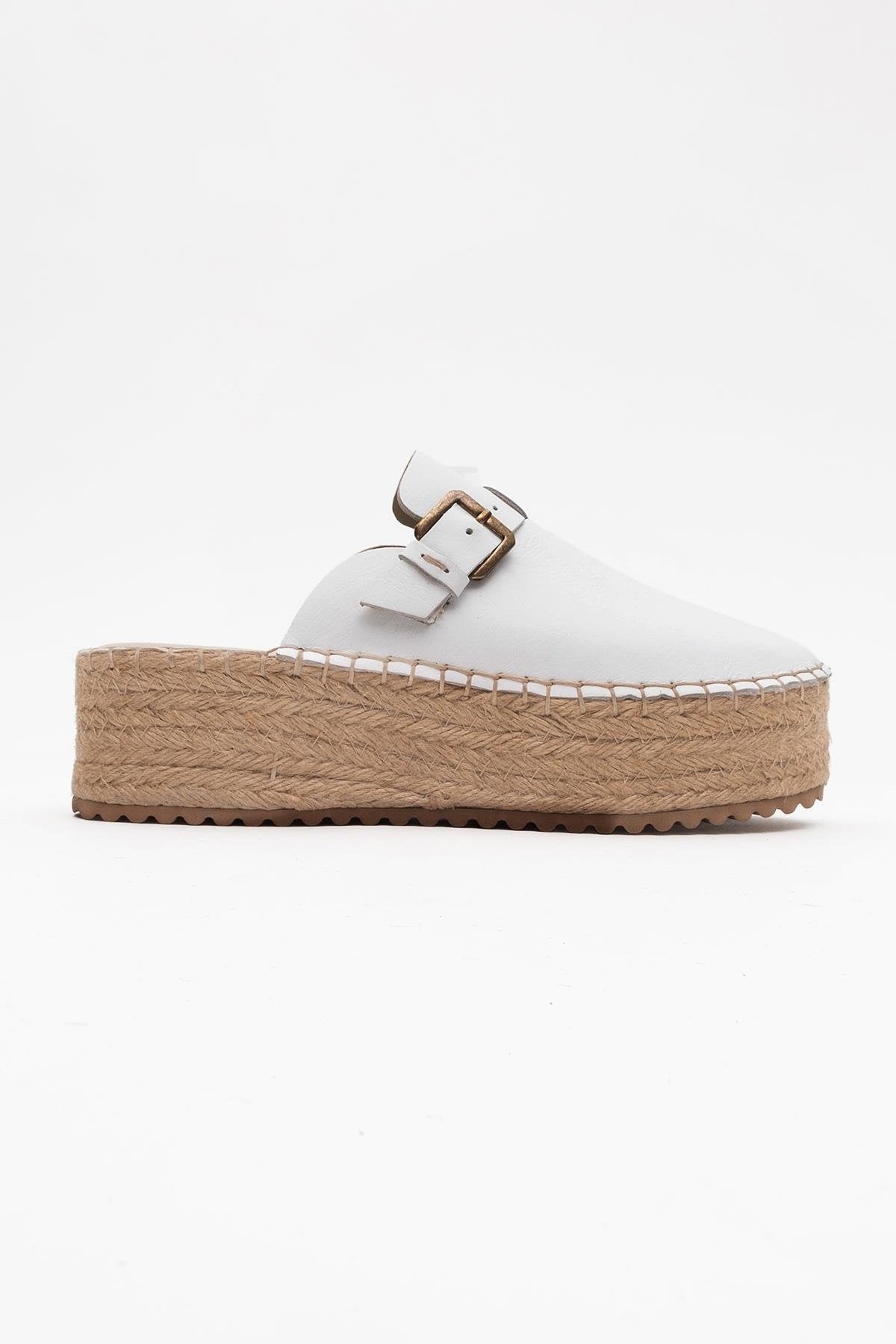 Novas - White Leather Platform Espadrille Mule – back view showing leather, white, red, Vowalisse