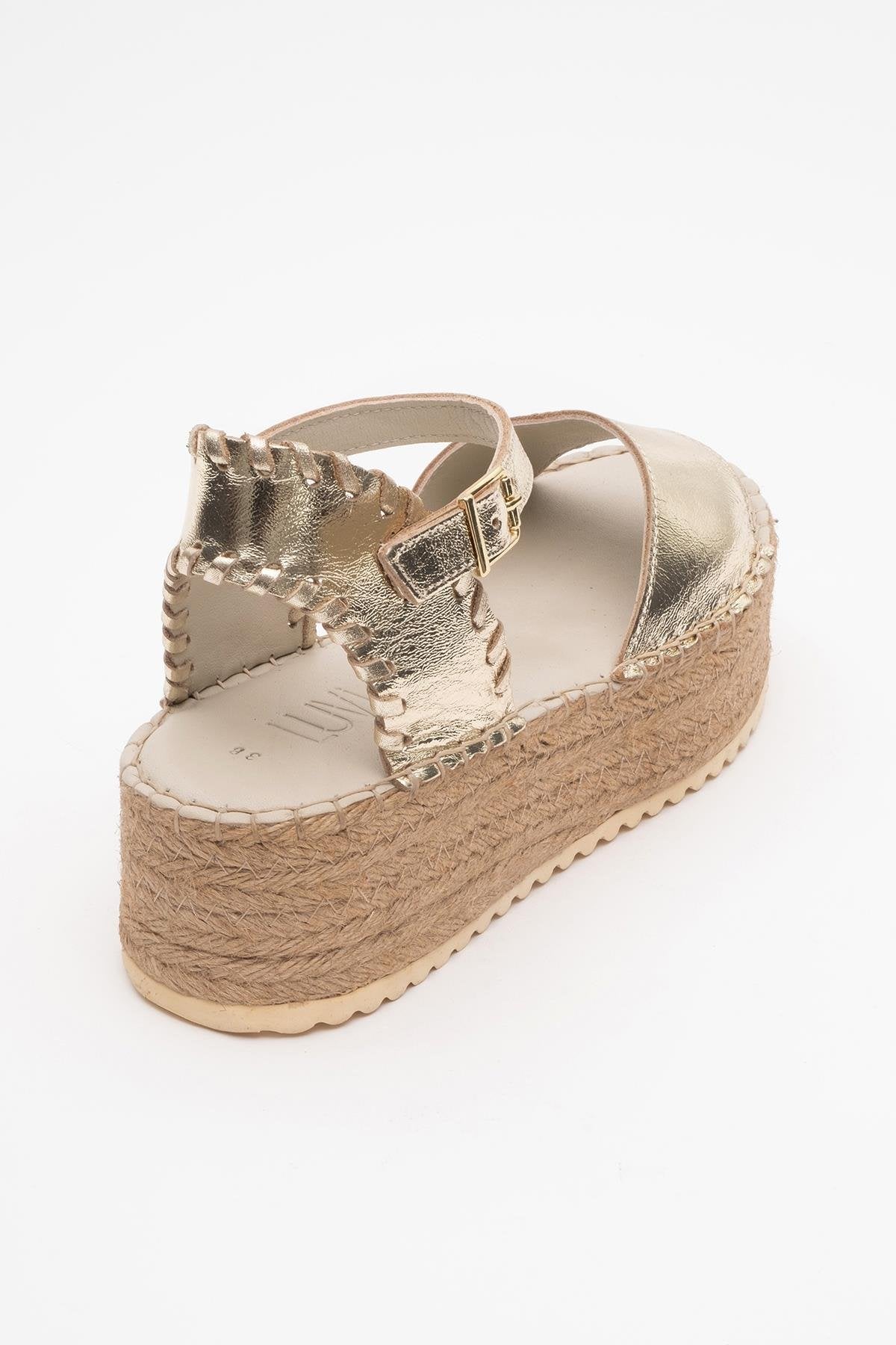 Serez - Gold Leather Platform Espadrilles Sandal – heel view showing leather, gold, red, Vowalisse