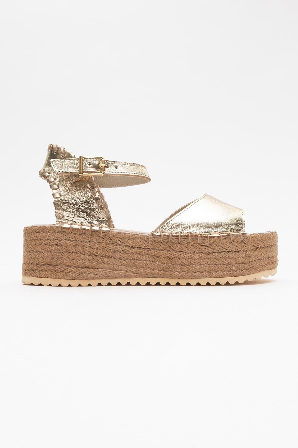 Serez - Gold Leather Platform Espadrilles Sandal – back view showing leather, gold, red, Vowalisse