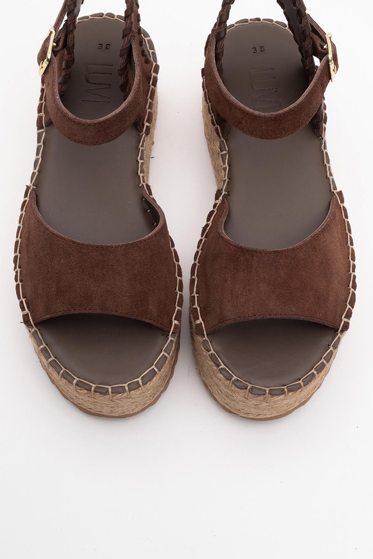 Serez - Brown Suede Leather Platform Espadrilles Sandal – side view showing leather, suede, red, Vowalisse