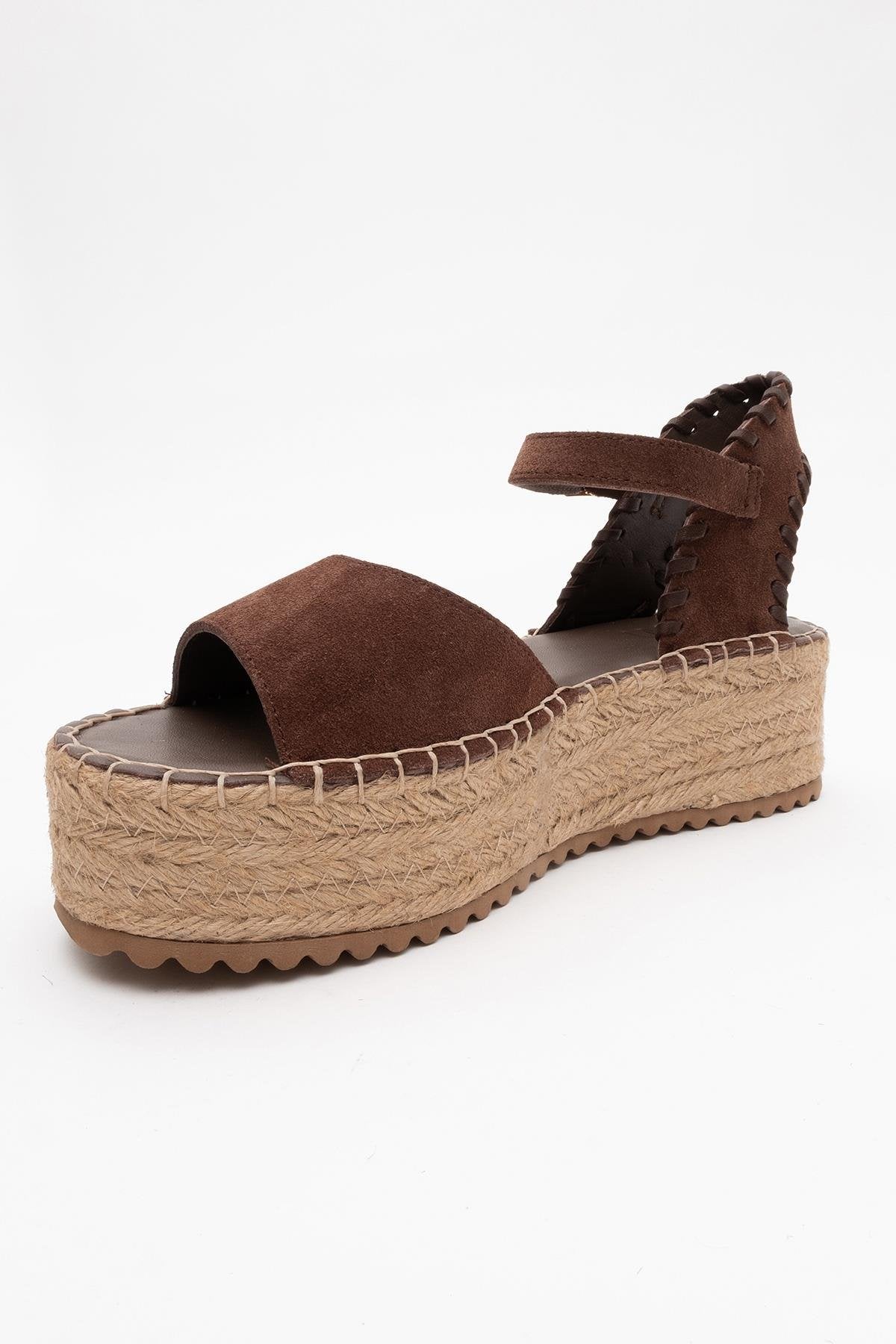 Serez - Brown Suede Leather Platform Espadrilles Sandal – detail view showing leather, suede, red, Vowalisse