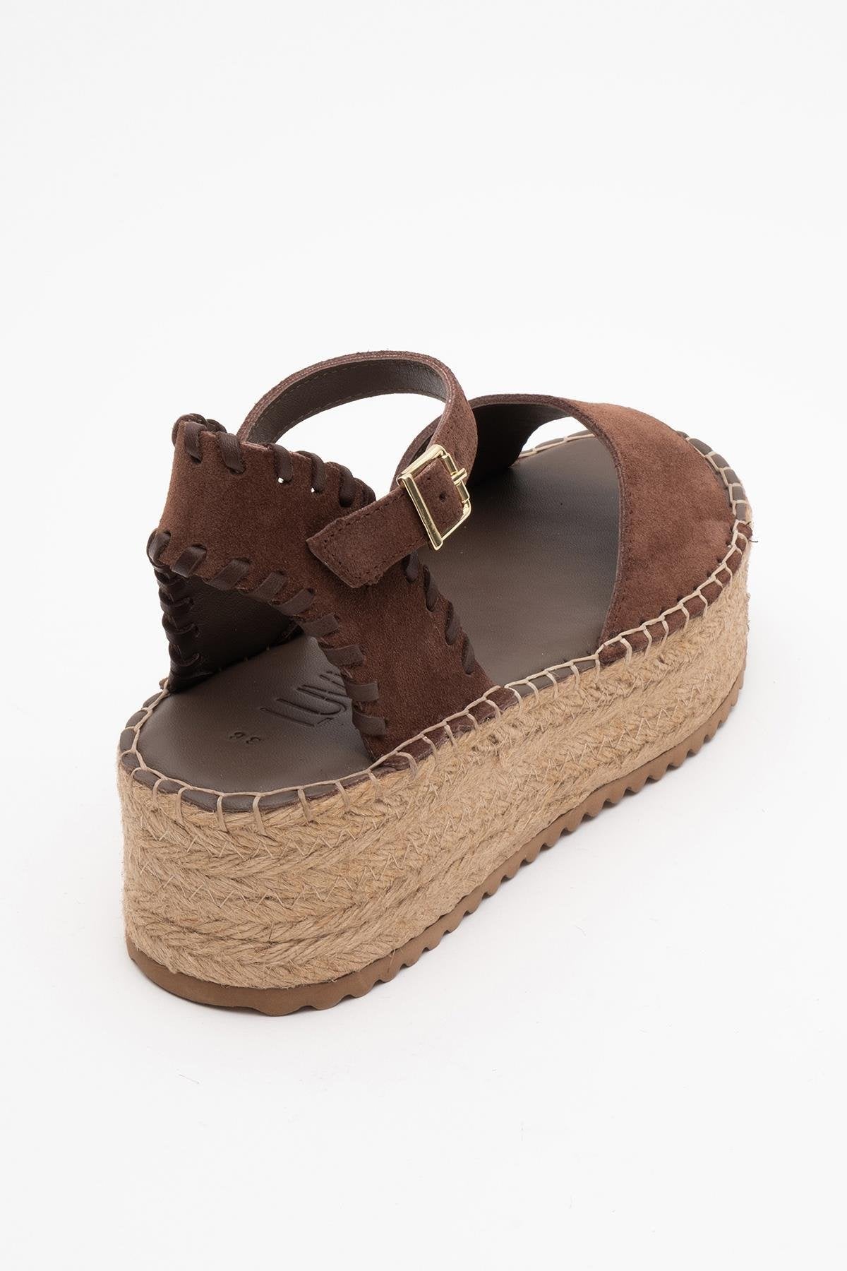 Serez - Brown Suede Leather Platform Espadrilles Sandal – heel view showing leather, suede, red, Vowalisse