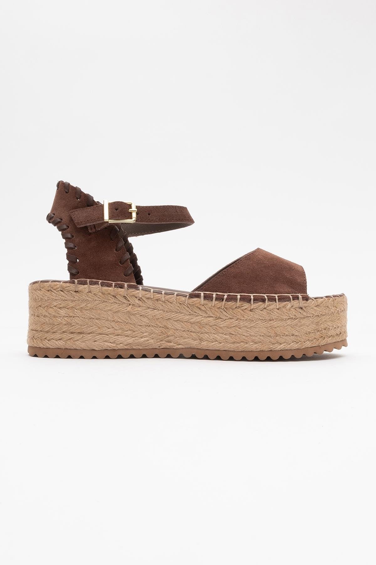 Serez - Brown Suede Leather Platform Espadrilles Sandal – back view showing leather, suede, red, Vowalisse