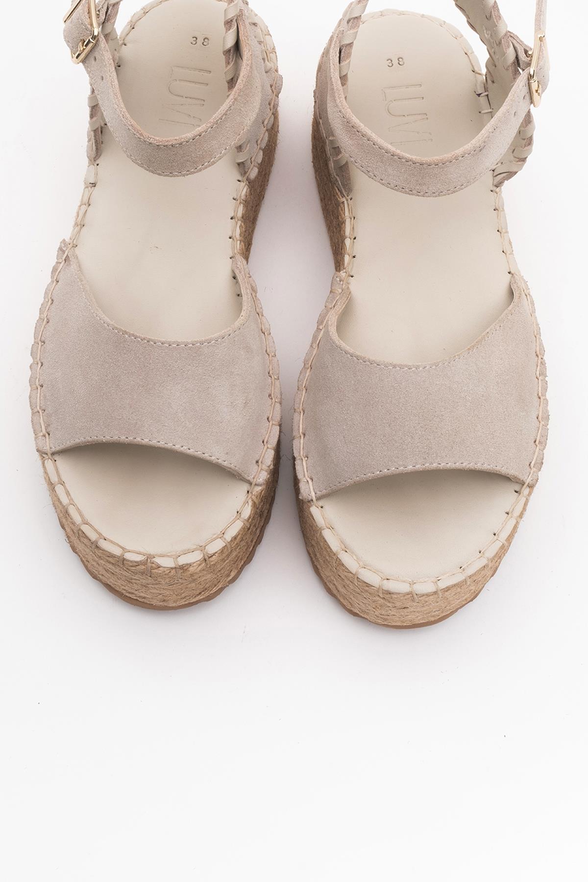 Serez - Beige Suede Leather Platform Espadrilles Sandal – side view showing leather, suede, red, Vowalisse