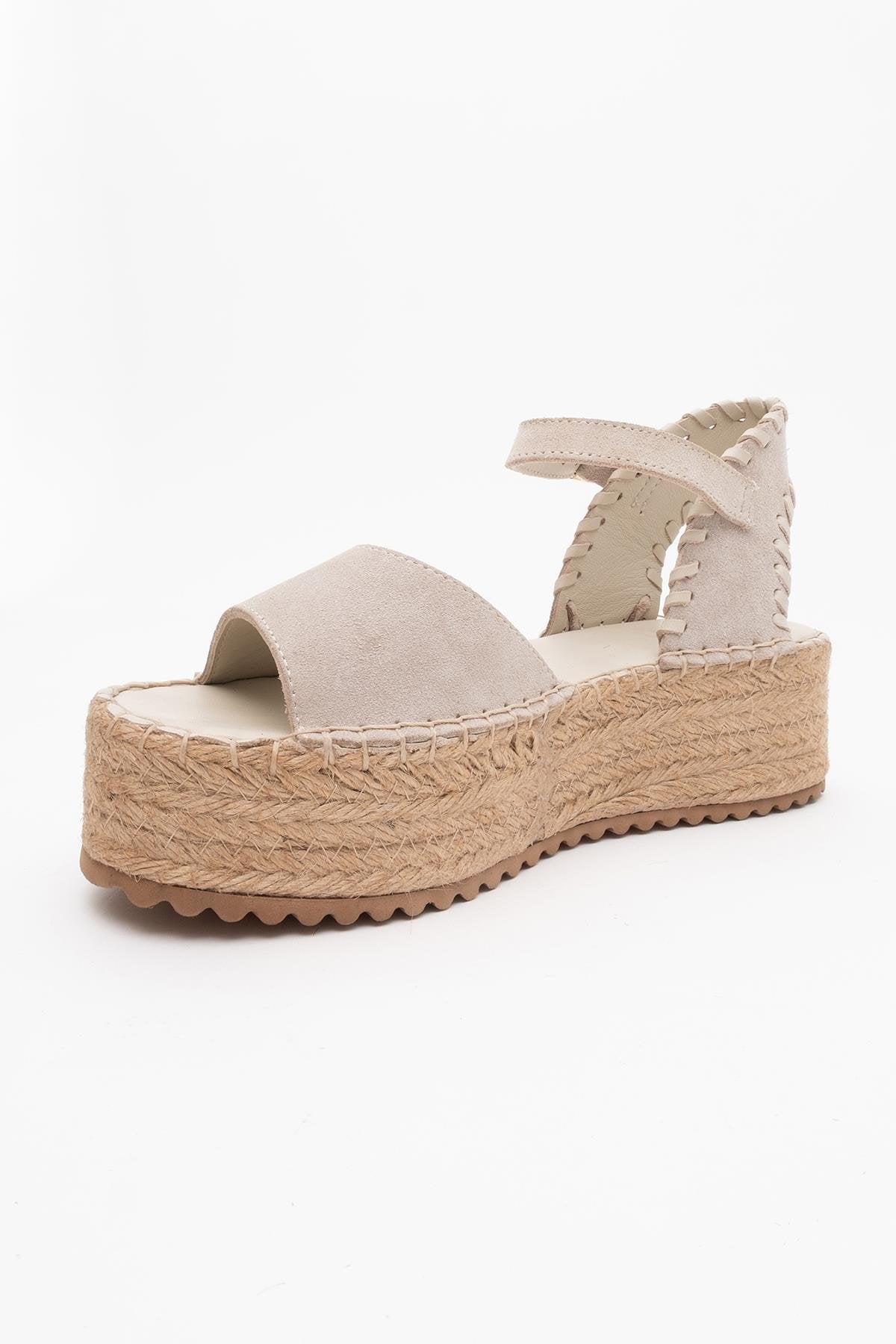 Serez - Beige Suede Leather Platform Espadrilles Sandal – detail view showing leather, suede, red, Vowalisse
