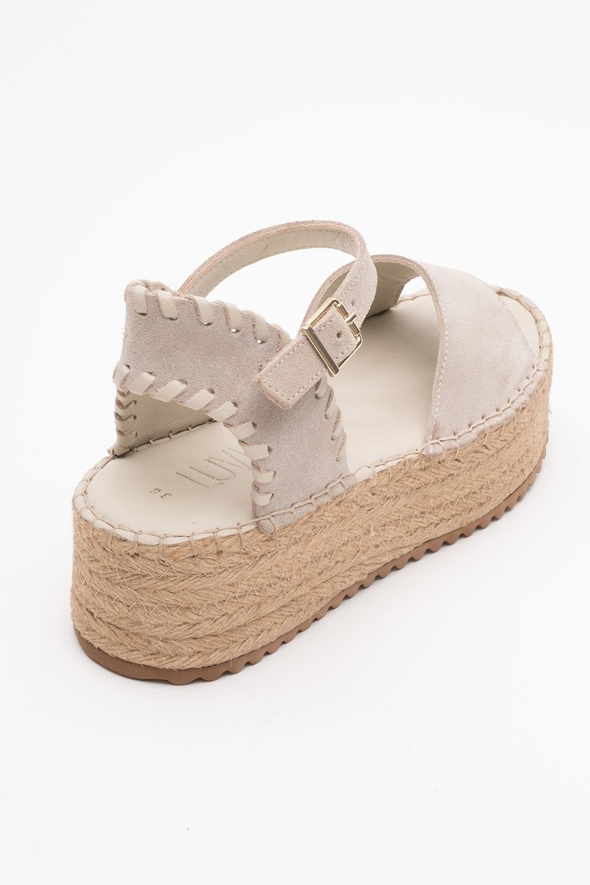 Serez - Beige Suede Leather Platform Espadrilles Sandal – heel view showing leather, suede, red, Vowalisse