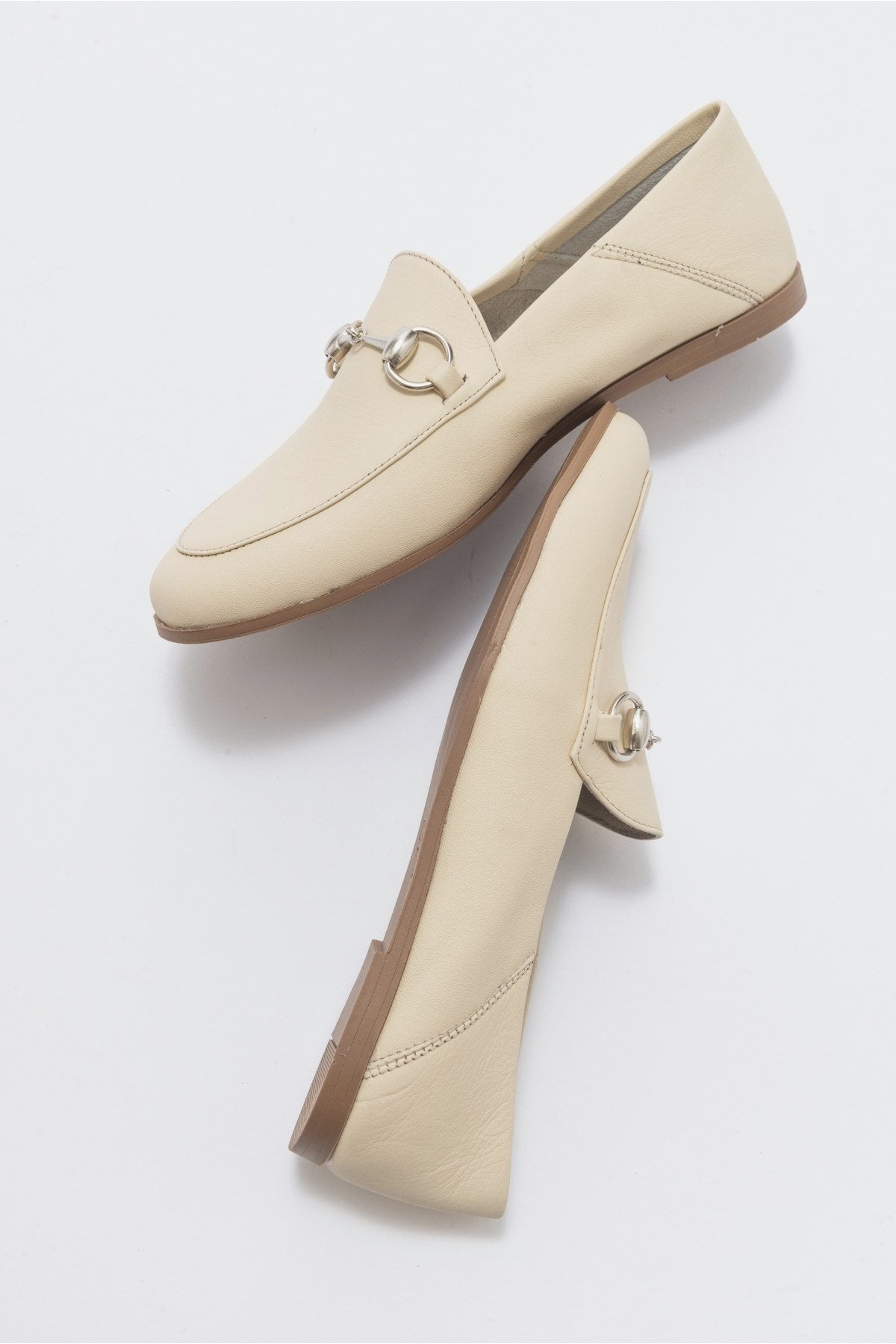 Penny - Beige Leather Horsebit Loafers – side view showing leather, suede, Vowalisse