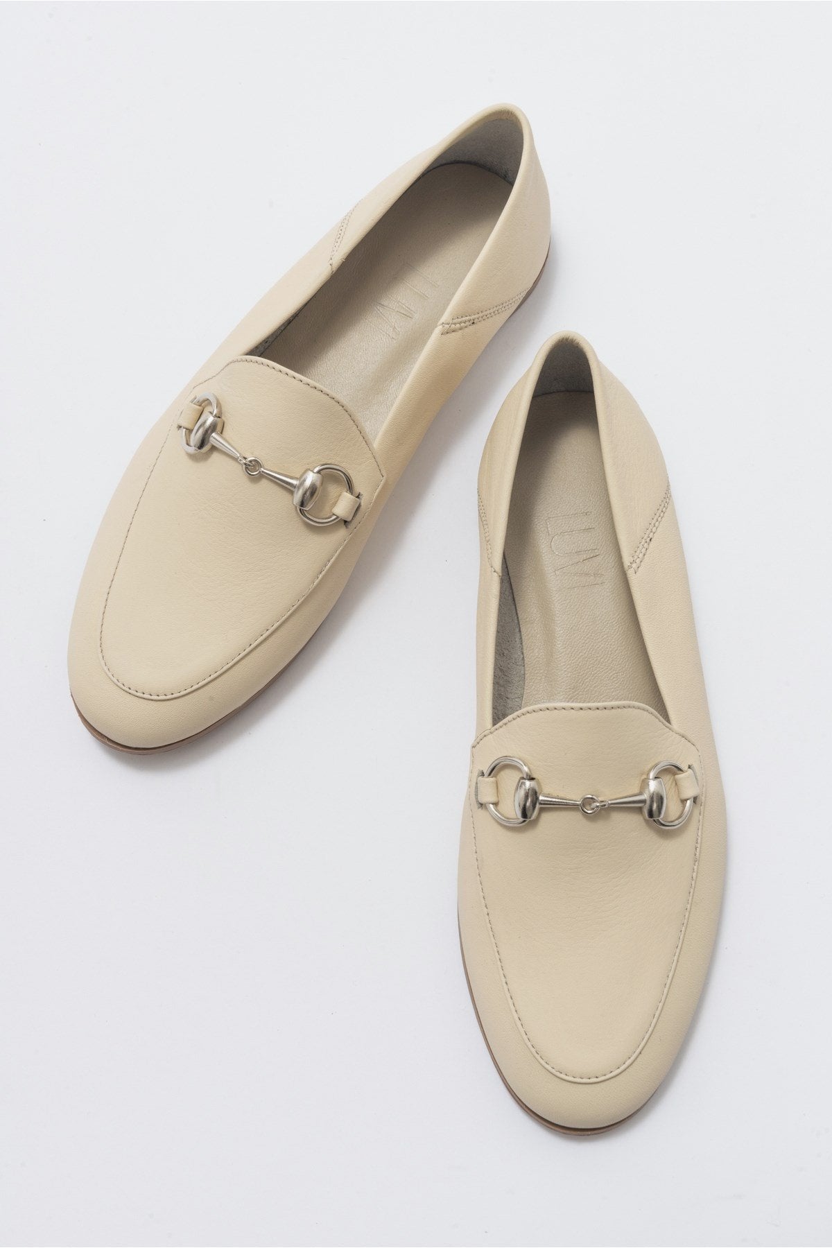 Penny - Beige Leather Horsebit Loafers – heel view showing leather, suede, Vowalisse