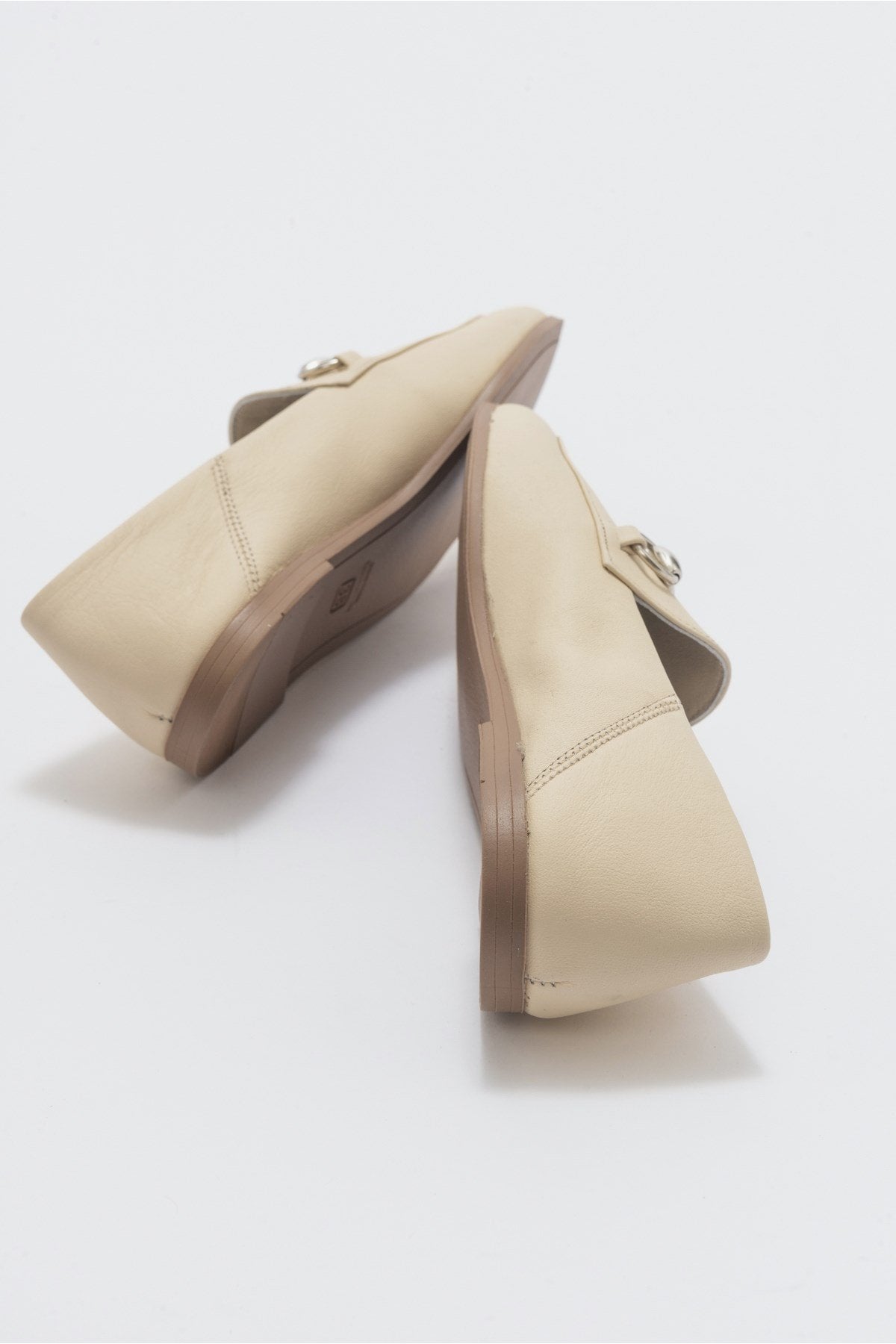 Penny - Beige Leather Horsebit Loafers – back view showing leather, suede, Vowalisse