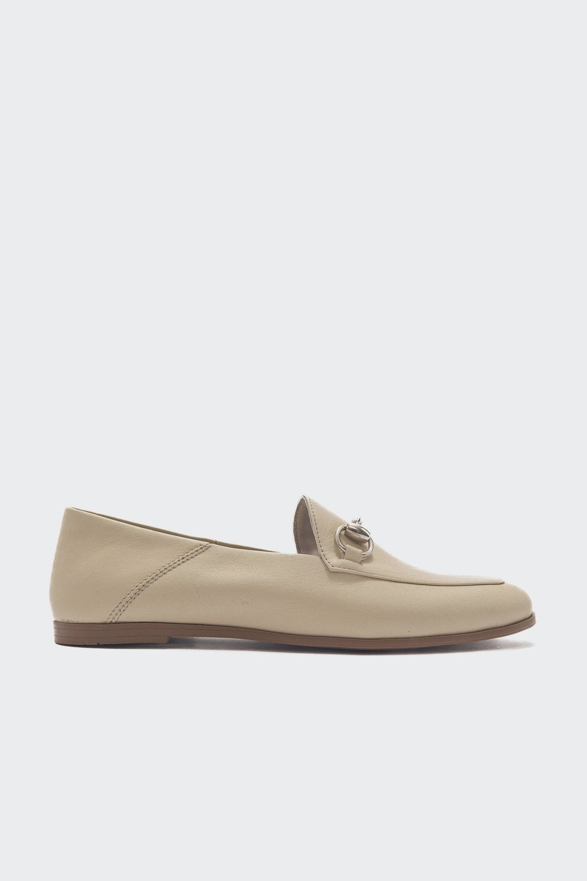 Penny - Beige Leather Horsebit Loafers – top view showing leather, suede, Vowalisse