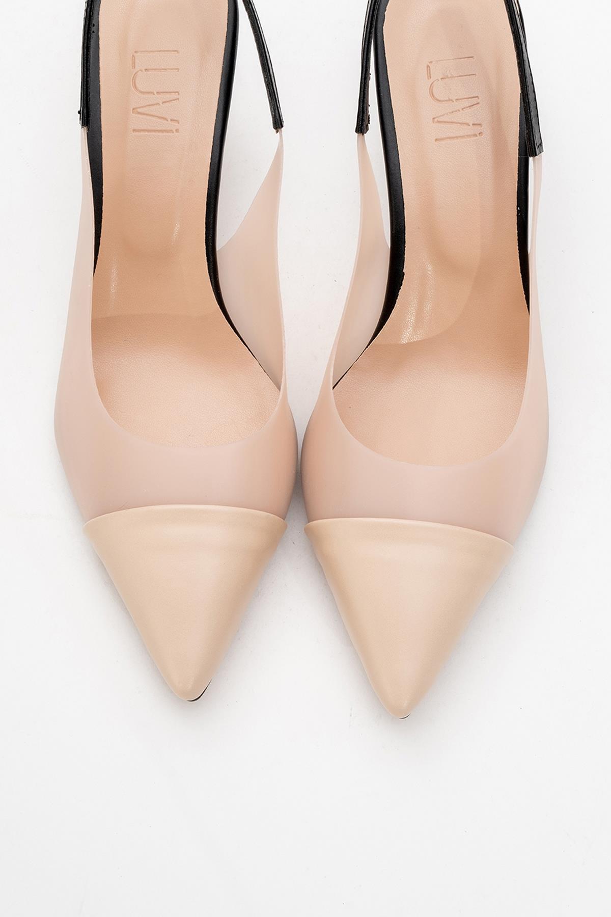 Moore - Nude/Black Transparent Open-Back Pointed Toe High Heel – side view showing leather, black, nude, Vowalisse