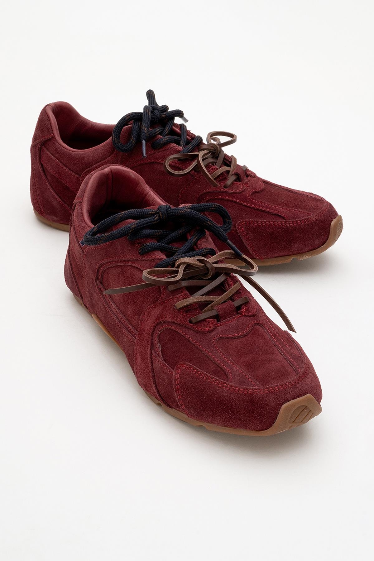 Selena - Burdungy Suede Leather Sneakers – front three-quarter view showing leather, suede, red, Vowalisse