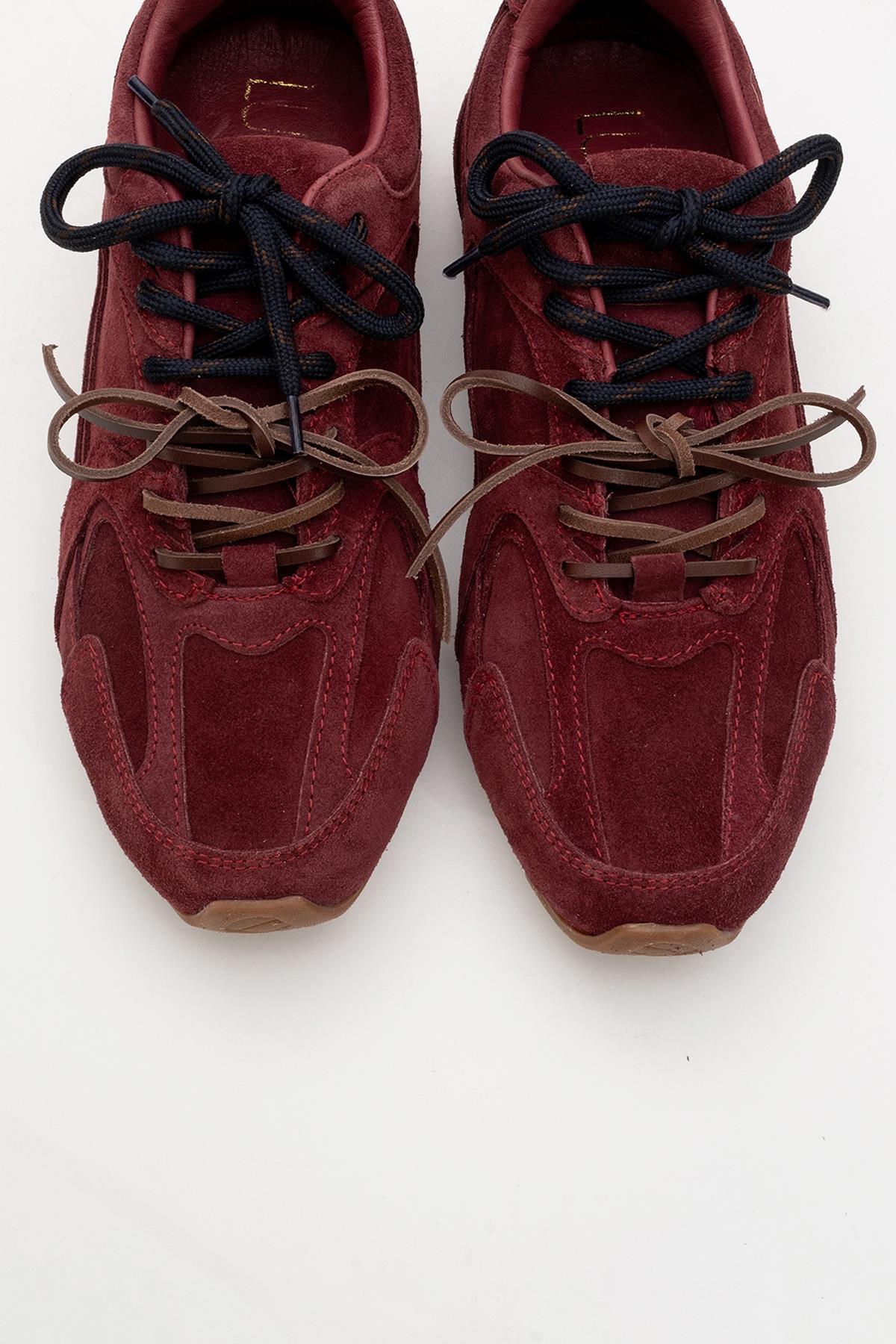 Selena - Burdungy Suede Leather Sneakers – side view showing leather, suede, red, Vowalisse