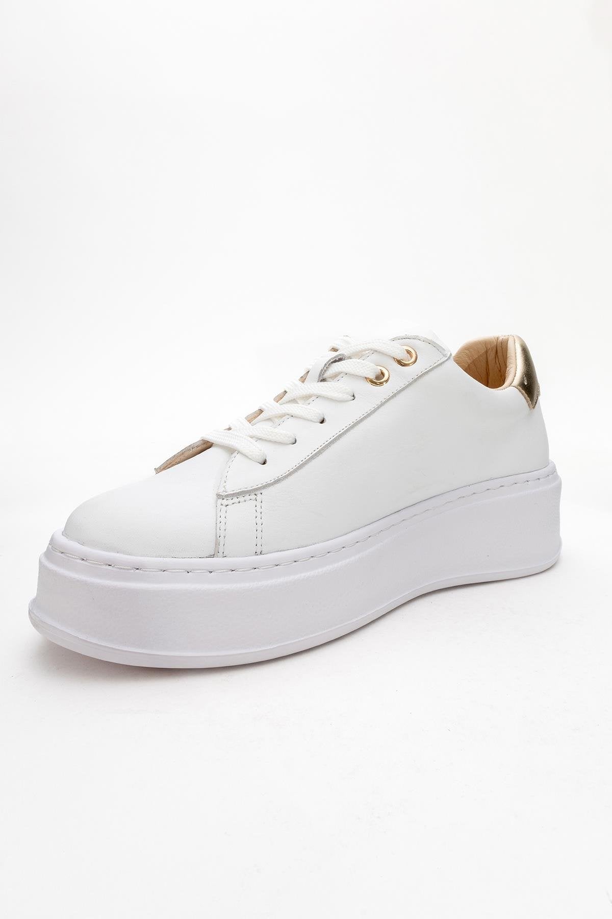 Gueno - White Genuine Leather Sneaker – detail view showing leather, white, Vowalisse
