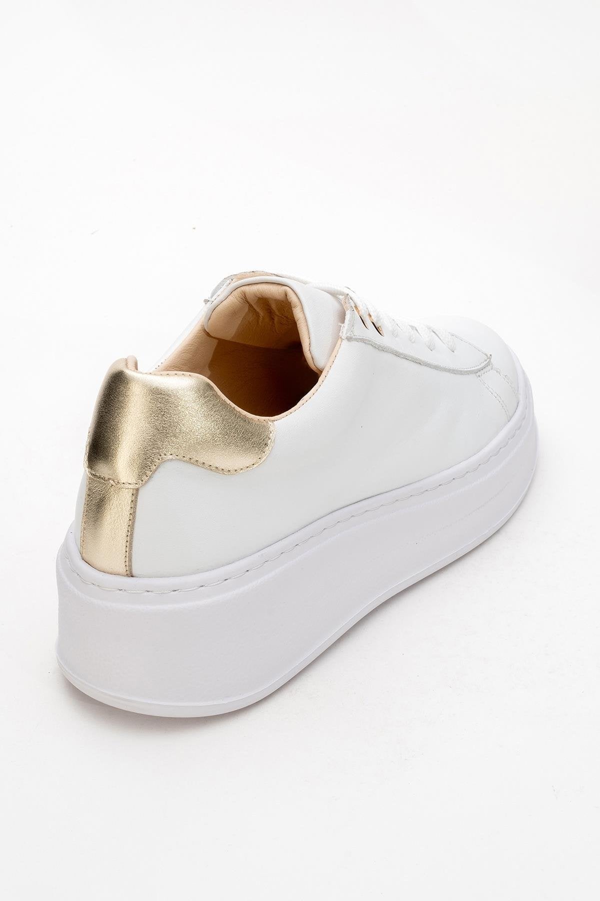 Gueno - White Genuine Leather Sneaker – heel view showing leather, white, Vowalisse