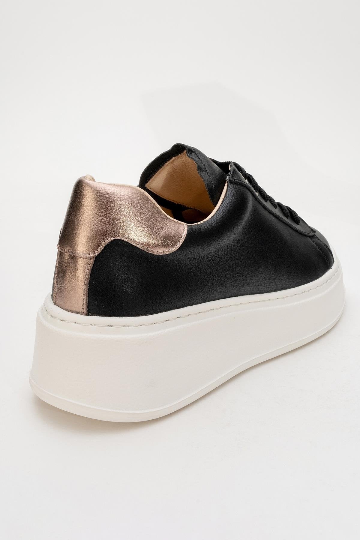 Gueno - Black Genuine Leather Sneaker – heel view showing leather, black, red, Vowalisse