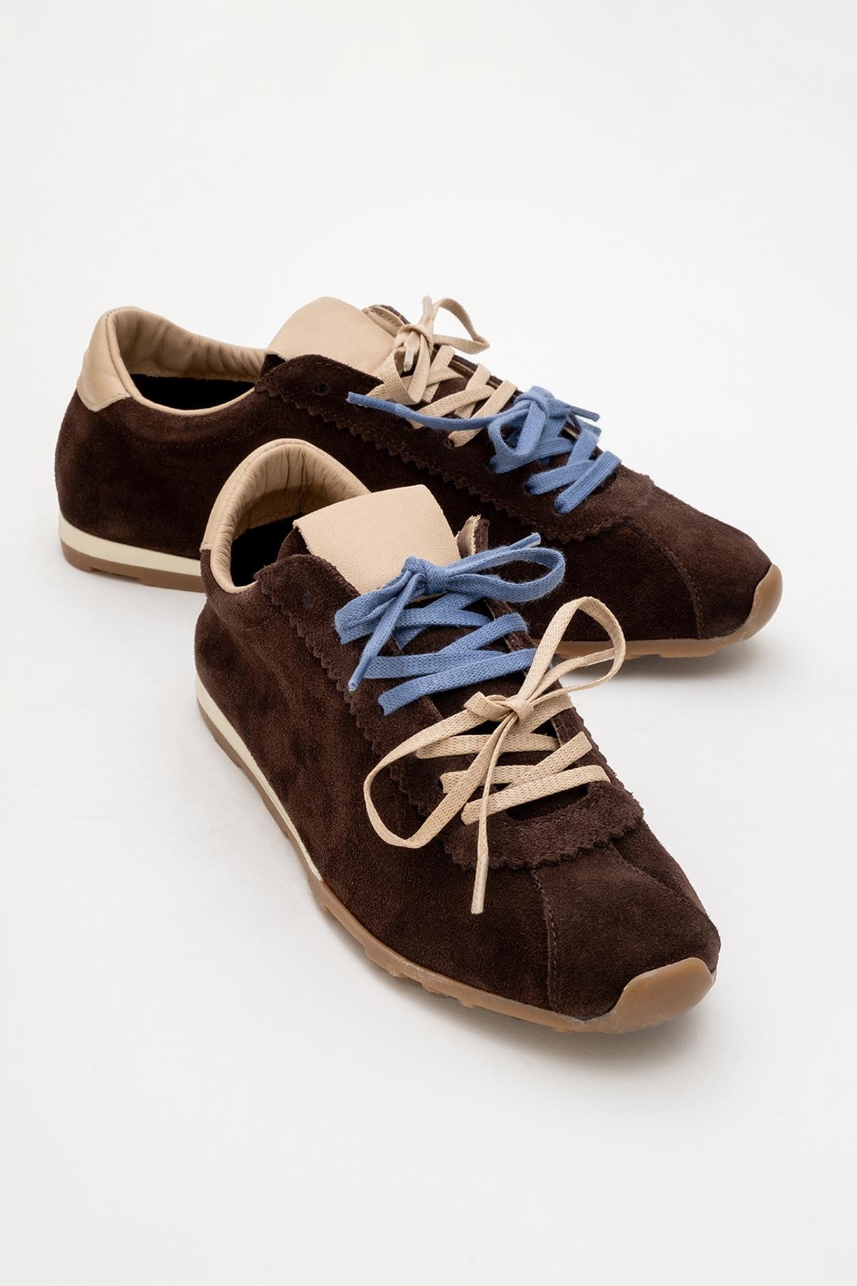 Crea - Dark Brown Leather Sneakers – side view showing leather, red, Vowalisse