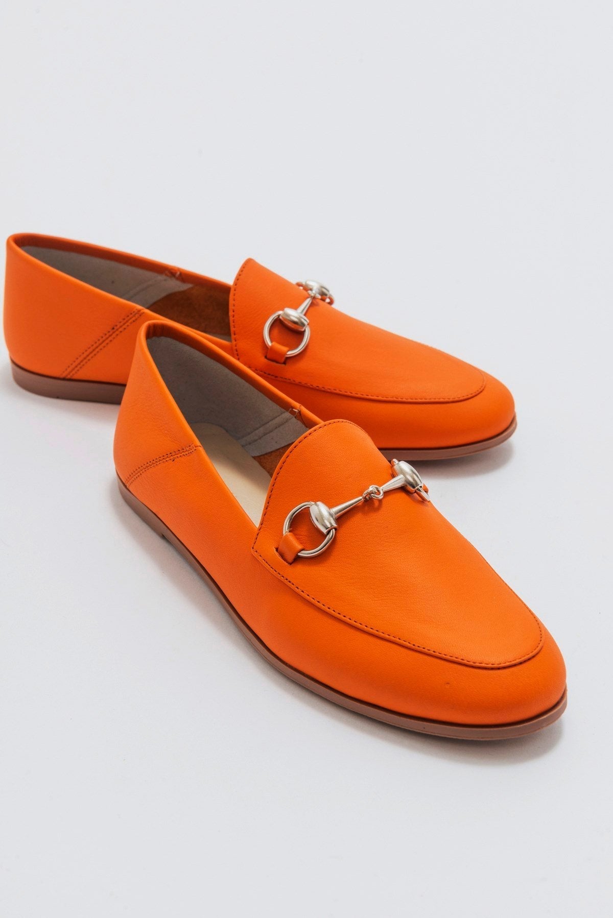 Penny - Neon Orange Leather Horsebit Loafers – side view showing leather, suede, Vowalisse