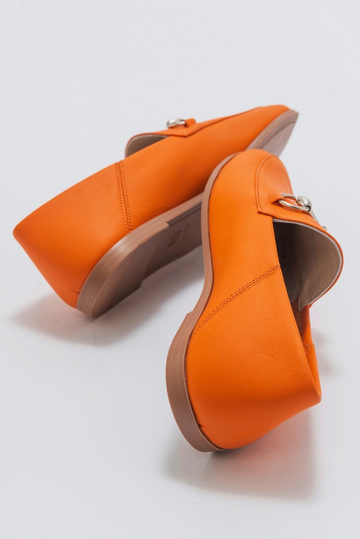 Penny - Neon Orange Leather Horsebit Loafers – heel view showing leather, suede, Vowalisse
