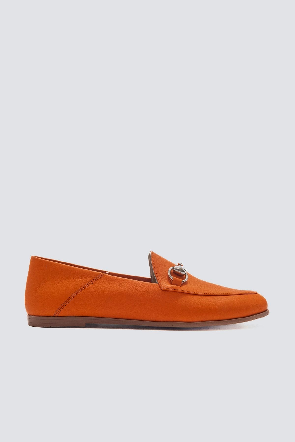 Penny - Neon Orange Leather Horsebit Loafers – sole view showing leather, suede, Vowalisse