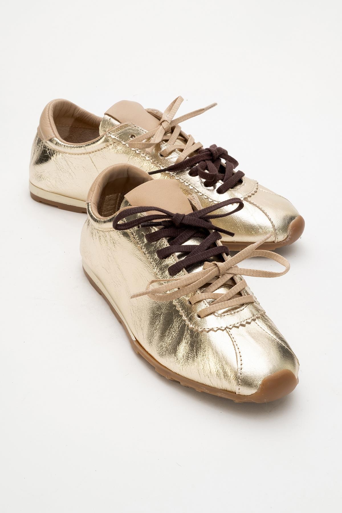 Crea - Gold Leather Sneakers – side view showing leather, gold, red, Vowalisse