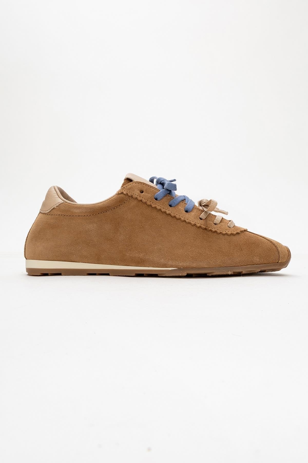 Crea - Cognac Suede Leather Sneakers – top view showing leather, suede, red, Vowalisse