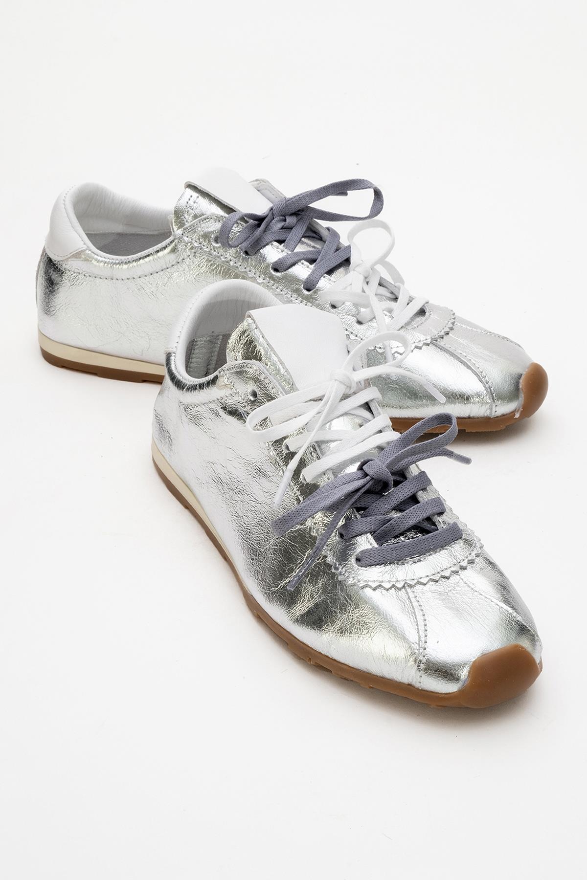Crea - Silver Leather Sneakers – side view showing leather, silver, red, Vowalisse