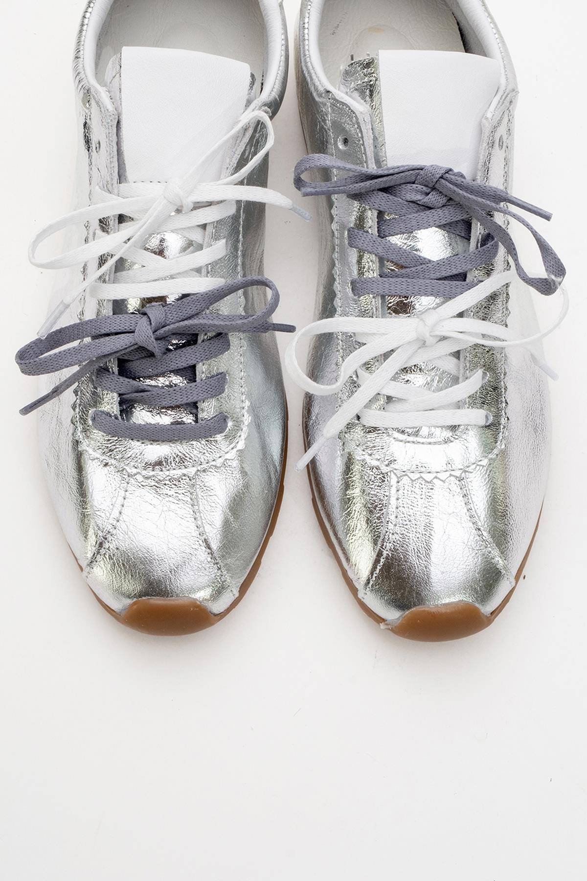 Crea - Silver Leather Sneakers – detail view showing leather, silver, red, Vowalisse